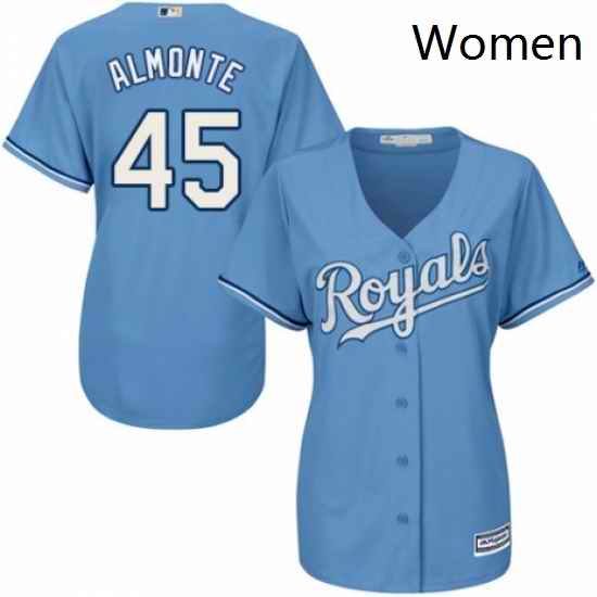 Womens Majestic Kansas City Royals 45 Abraham Almonte Authentic Light Blue Alternate 1 Cool Base MLB Jersey